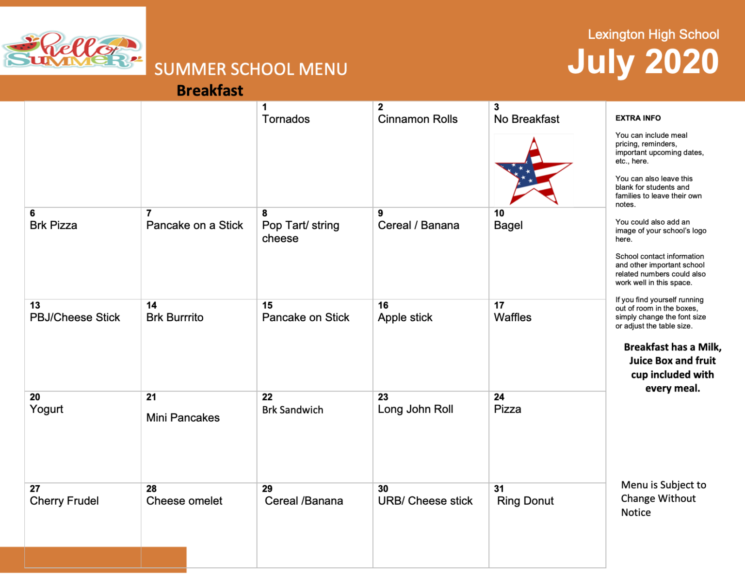 July Meal Program Menus Lexington Public Schools